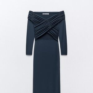 Elegant Navy Blue Off-Shoulder Dress, Zara Draped Fitted dress